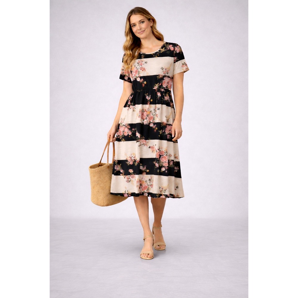 Promesa Floral Stripe Midi Dress M Black Ivory‎ Pink Short Sleeve Pockets Casual